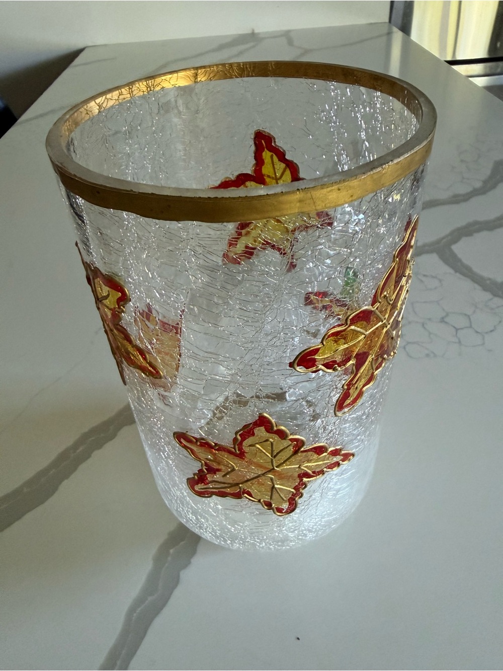 Vintage Crackle Glass Vase Gold Rim Raised Autumn Maple Leaves Fall Decor 11”